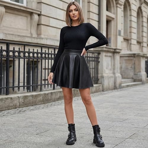 WERFORU Lederrock Damen Minirock Leder Rock für Damen Elastische Taille A-Linien Pull On Skater Röcke thumbnail 2