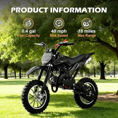 50cc Kids Dirt Bike, 2-Stroke Gas Powered Mini Motorcycle Up to 40MPH, Off-Road Dirt Bike for Kids 8-14 with Front Rear Disc Brakes, Double Shock Absorption (Black) thumbnail 5