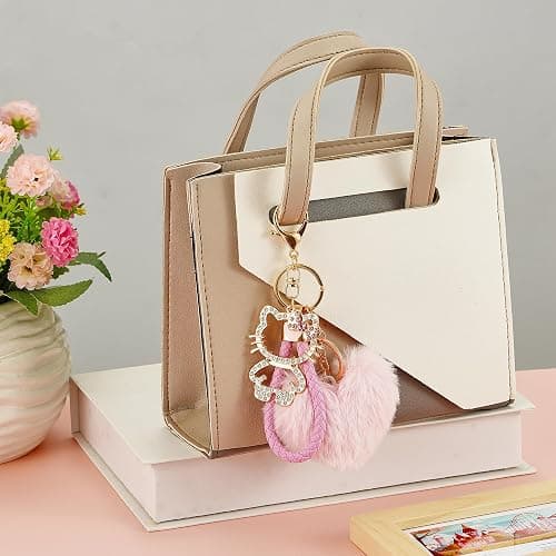 Bling Keychain for Women，Kawaii Heart Pom Pom Keychain， Versatile Accessory for Backpacks, Handbags, and Car Keys thumbnail 5