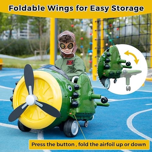 TOBBI Electric Car for Kids Ride On Airplane Toy w/Bombing Sound and Music | Battery Powered 12V Kids' Electric Vehicle Rideable Airplane with Remote Control for Toddlers Ages 3+ Years, Green thumbnail 6