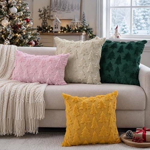DFXSZ Christmas Tree Pillow Covers 18x18 Set of 2 Christmas Decor Beige | Christmas Winter Decorations|Soft Plush Faux Fur Jacquard Throw Pillowcases| For Bedroom Sofa Festivals Home Decor thumbnail 3