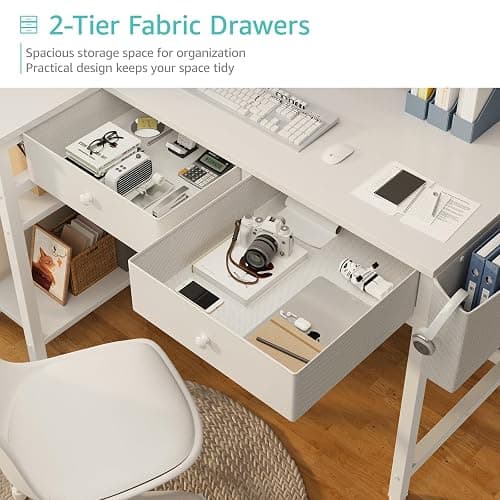DLisiting Small White L Shaped Desk with Drawers & Storage Shelves, 40 Inch Corner Desk with Power Outlet for Small Space Home Office, Study Work PC Desks for Bedroom thumbnail 9