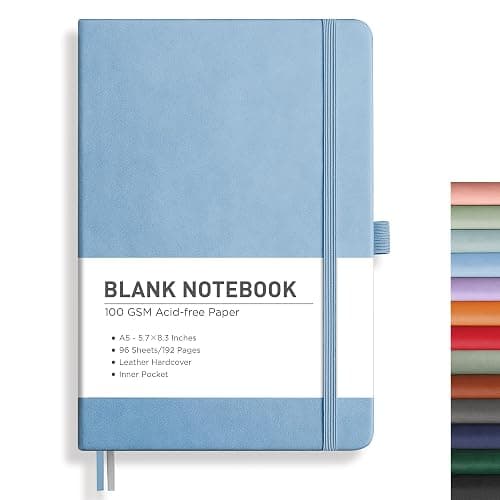 RETTACY Blank Journal Notebook, 192 Pages, A5 Medium Size (5.7'' x 8.3''), Leather Hardcover, 100 GSM Thick Paper, for Sketching, Drawing, Painting (Light Blue)  - Image 1