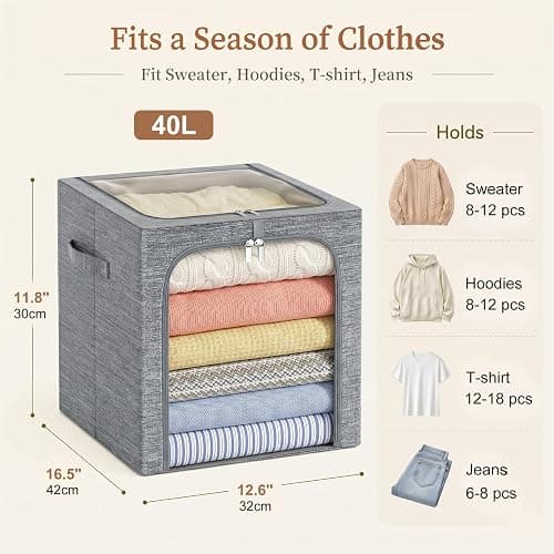 GoMaihe Clothes Storage Bins with Metal Frame for Closet, 40L 6-Pack Grey | Sweaters Hoodies Jeans T-Shirt, Closet Top Shelf Organizer, Steel Frame Collapse-Proof, Stackable, Clear Window, Dual Access thumbnail 2