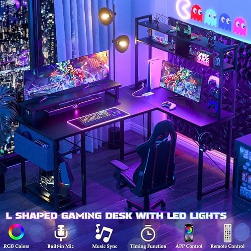 Aheaplus Small L Shaped Gaming Desk with LED Lights & Power Outlets, Reversible L-Shaped Computer Desk with Monitor Stand & Storage Shelf, Corner Desks Home Office Desk with Storage Bag, Black thumbnail 3
