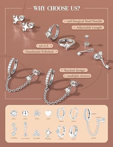 Florideco Flat Back Earrings Hypoallergenic Surgical Steel Earrings for Women Trendy Cartilage Chain Hoop Earring Studs 14K Gold Plated Star Heart CZ Flatback Stud Earring Sets for Multiple Piercing thumbnail 6