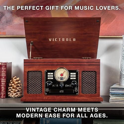 Victrola The Quincy 6-in-1 Bluetooth Record Player & Multimedia Center with Built-in Speakers – 3-Speed Turntable, CD & Cassette Player, AM/FM Radio, Wireless Music Streaming (Mahogony) thumbnail 8