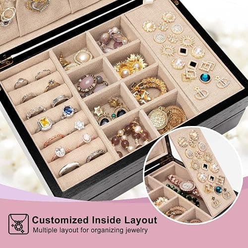 Pinzoveco Jewelry Box for Women, Rustic Wooden Jewelry Organizer Box for Storage Earrings Rings Necklace Bracelet, Farmhouse Style Wood Jewelry Boxes & Organizers (Black) thumbnail 4