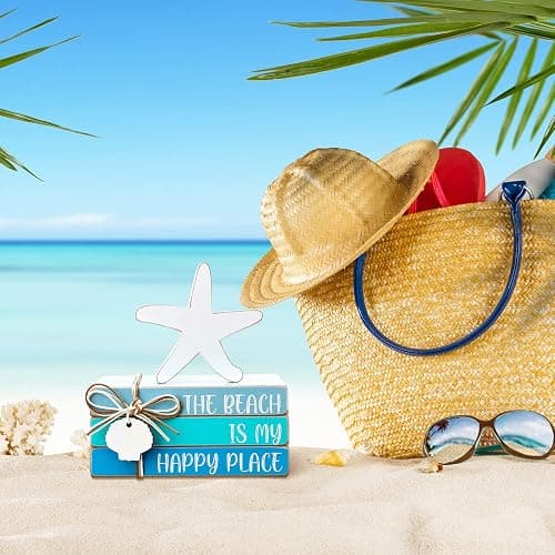 Pinkunn 4 Pcs Beach Tiered Tray Decor Table Centerpiece for Summer Starfish Coastal Rustic Wooden Block Blue and White Beach Nautical Decor Decorative Signs & Plaques for Home Shelf Mantel thumbnail 5