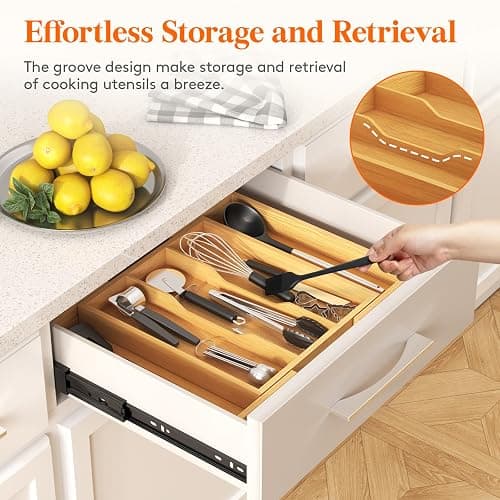 Lifewit Utensil Organizer for Kitchen Drawer, Expandable Cooking Utensil Tray, Bamboo Cutlery Silverware Flatware Holder, Adjustable Spatula Tools and Gadgets Storage Divider, Large, Natural thumbnail 4