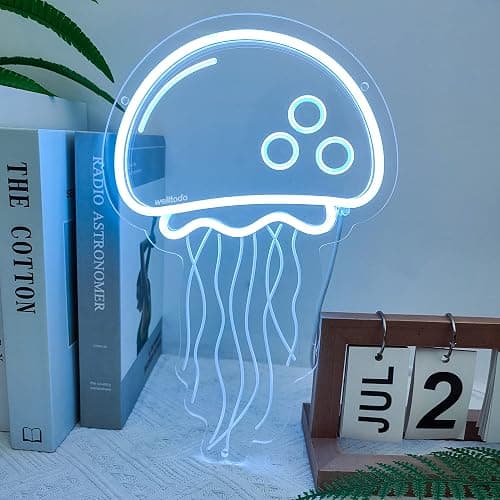 welltodo Jellyfish Neon Signs,Cool Ice Blue Neon Sign for Wall Décor, LED Neon Light Sign for Girls Bedroom Ocean Display Room,Kids Birthday Gift, Wedding Party, Holiday Decoration Powered by USB thumbnail 8