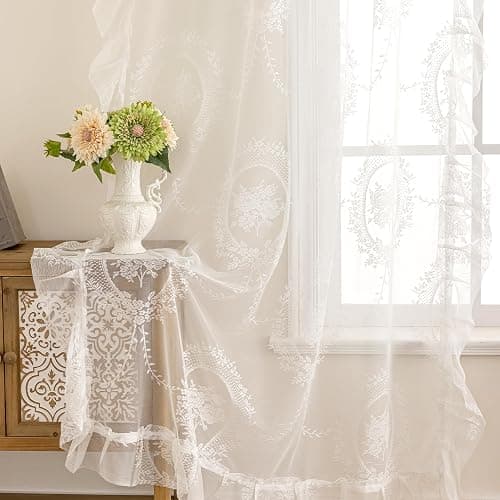 UNISTAR Lace Sheer Door Curtains with Rod Doorway Curtain for Closet Ratio | Lace Sheer Door Curtains with Rod, Luxury Doorway Curtain Living Room Divider for Closet Ratio Rod Pocket 55W x 80L in,White thumbnail 5