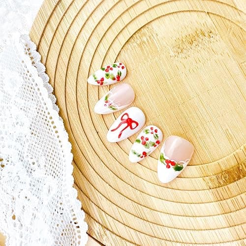24pcs Christmas Press on Nails Short Almond Fake Nails with Red Rhinestones Designs Xmas Holly Bow False Nail White French Tip Acrylic Nails Cute Full Cover Glue on Nail for Women DIY Manicure thumbnail 6