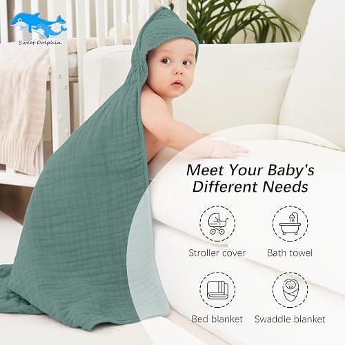 SWEET DOLPHIN Muslin Hooded Baby Bath Towels - 2 Pack 100% Cotton Towel for Babies, Infants, Toddlers - 32x32Inch - Highly Absorbent and Newborn Essential, Deep Emerald thumbnail 5