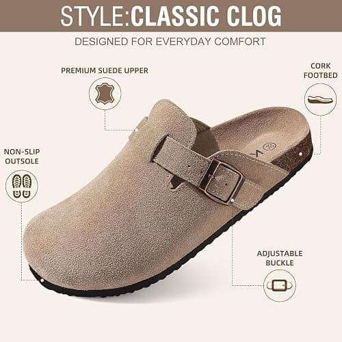 KIDMI Genuine Suede Clogs for Women Men Cork Footbed Mules Potato Shoes | Arch Support, Comfortable, Leather Slip On, Fall, Casual, Indoor Outdoor, Non-slip Rubber Sole, Adjustable Metal Buckle thumbnail 4
