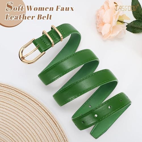 JASGOOD Women Skinny Leather Belt for Jeans Pants Fashion Ladies Thin Belt for Dress with Gold Single Prong Buckle thumbnail 4