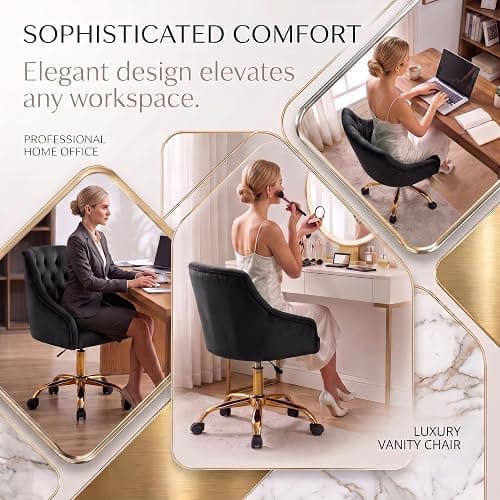 MOJAY Velvet Office Swivel Chair, Vanity Chair, Fabric Desk Chair, Pretty Fancy Chair, Gold Office Chair for Girls, 360°Swivel Height Adjustable Reception Chair (Black) thumbnail 7