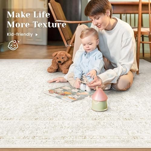 losbulake Bedroom Rug Washable Large Area Rugs Foldable Low Pile Print Non Slip Boho Patterned Rugs for Bedroom Living Room Dining Home Office (Floral Beige, 5'x7') thumbnail 3