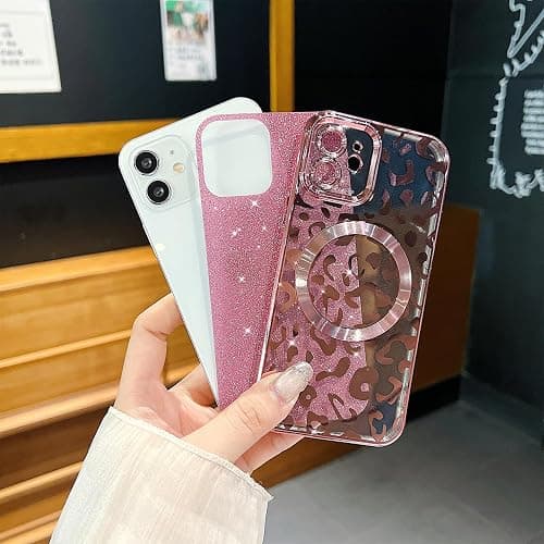 ZONRW for iPhone 12 Case Magnetic,Soft Cute Luxury Leopard Cheetah Pattern Plating Glitter Bling Phone Case Compatible with MagSafe Clear Shockproof Back Cover for Women Girl 6.1"-Pink thumbnail 5