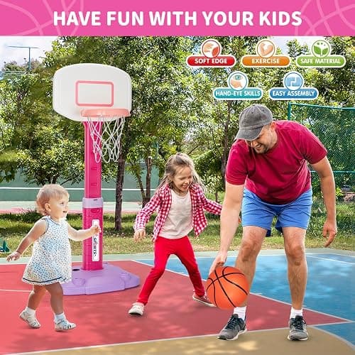 Toddler Basketball Hoop Indoor for Age 1-3, Adjustable Kids Basketball Hoop, Mini Basketball Hoops with 3 Balls for Outdoor Poolside, Birthday Christmas Sport Toys Gift for Baby Boy Girl 1 2 3 4, Pink thumbnail 5