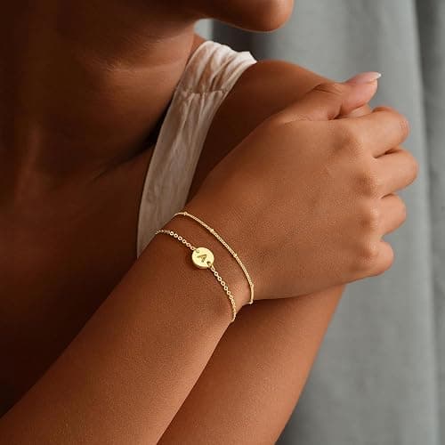 MONOZO Gold Initial Bracelets for Women Girls Jewelry Gifts - Dainty 14K Gold Plated Layered Beaded Letter Bracelet 26 Alphabet Disc Monogram Initial Bracelets Birthday Gifts for Women Girls Teens thumbnail 3