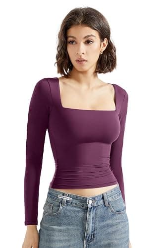 SUUKSESS Women Square Neck Long Sleeve Tops Double Lined Going Out T Shirts thumbnail 2