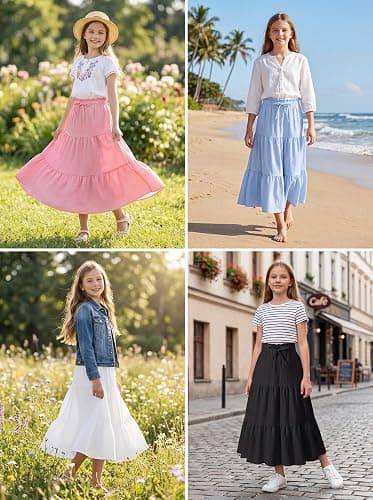 Seechoslo NEW 6-14Y Girls Tiered Maxi Skirt Boho Flowy A-Line High Waisted Casual Long Skirts for Beach Vacation thumbnail 5