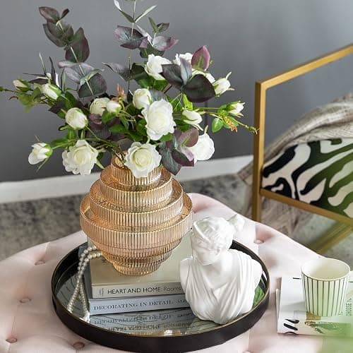 A&B Home Amber Fluted Geometric Vase - Tiered Decorative Glass Vase, Tabletop Home Decor, Bedroom Living Room Accent Piece Entryway Console Table Sideboard Flower Vase, 9" x 9" x 10" thumbnail 4