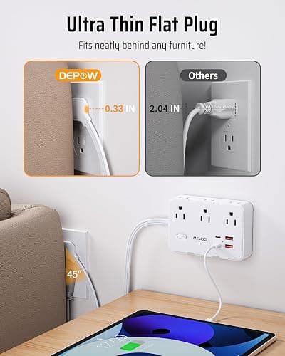 DEPOW Surge Protector Power Strip, 3 FT Extension Cord with 6 AC Outlets(1625W/13A) 4 USB Ports,1050J Surge Protection, Wall Mountable Charging Station for Office, Home, White thumbnail 5