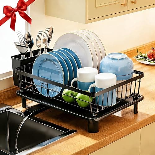 GAOKASE Dish Drying Rack, Stainless Steel Space-Saving Dish Rack, Dish Racks for Kitchen Counter, Kitchen Dish Drainers with Removable Utensil Holder,New Drain Outlet,Plate Rack and Drainboard, Black - Image 1