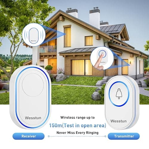Wesstun Wireless Doorbell, Waterproof IP67 Operating at 150 Meters with 39 Tones, 5 Levels Volume Adjustment and LED Indicator, Easy Installation in Home, Classroom and Hotel, White thumbnail 5