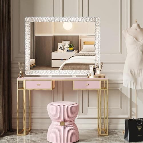 35" x 27" Crystal LED Dimmable Hollywood Vanity Mirror, Large Lighted Makeup Mirror for Desk, Dimmable 3 Lighting Modes, Lights with Crystal Crush Diamond, Metal Frame thumbnail 7
