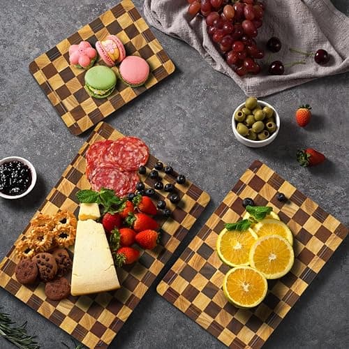 Checkered Cutting Boards for Kitchen, Wood Cutting Board Sets, Walnut Rubber & Wooden Chopping Boards with Anti-Slip Base and Guide Groove, Chessboard Carving Used for Cutting Vegetables Fruits & Meat thumbnail 2