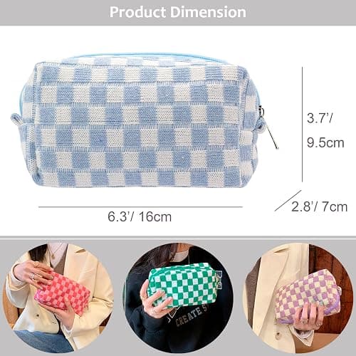 PAZIMIIK Checkered Makeup Bag for Purse Portable Zipper Make Up Pouch Small Cosmetic Case for Travel Accessories (Blue) - Blue thumbnail 3