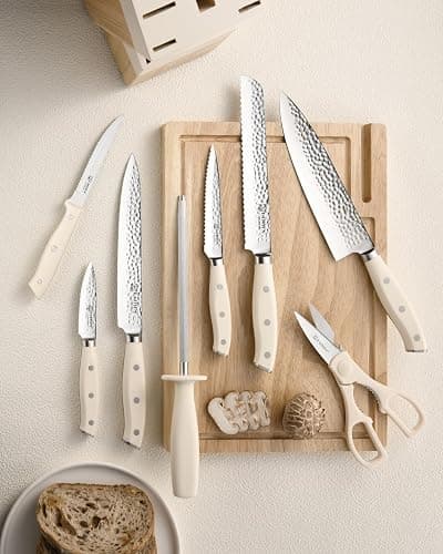 Kitchen Knife Set,14-Piece Knife Set With Block Wooden, Self Sharpening For Chef Knife Set, High Carbon German Stainless Steel Hammered Collection Knife Block Set, Dishwasher Safe Cutlery, Cream thumbnail 2