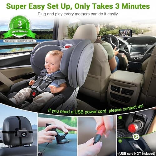 Baby Car Camera HD 1080P: Baby Car Mirror 5 Mins Easy Install for Car Seat | Crystal Night Vision Infant Travel Safety Kit Rohent N06, Black, 4.3 Inch Screen thumbnail 3