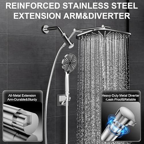 High Pressure Rain Shower Head with Handheld,Wide Rainfall Shower Head Combo with 15" Metal Extension Arm,Detachable Shower head,Rainfall Shower Head with Multi Modes Handheld Spray,Chrome thumbnail 2