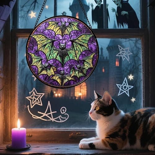 HWRHTR Stained Glass Window Hanging - Halloween Decorations Bats Suncatcher for Doors Garden Indoor Spooky Funny Purple Sun Catchers Gothic Decor Horror Gifts for Women Men Friend 9.8 in thumbnail 2