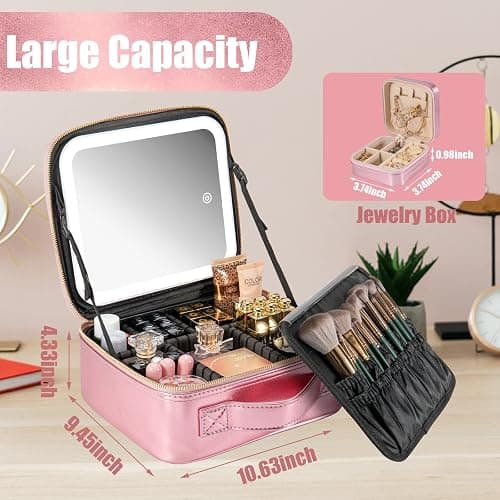 Extrei Gent Makeup Travel Train Case with Mirror LED Light 3 Adjustable Brightness Large Cosmetic Bag Portable Storage Adjustable Partition Waterproof Makeup Brushes Make up Jewelry Gift for Women - Roses thumbnail 6