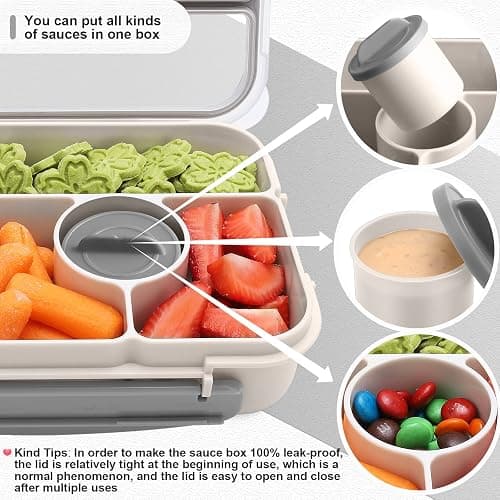 Amathley Bento Box Adult Lunch Box Kids,Lunch Containers for Adults/Kids/Toddler,5 Compartments Bento Lunch Box with Sauce Vontainers,Microwave & Dishwasher & Freezer Safe,BPA-Free (White) thumbnail 5