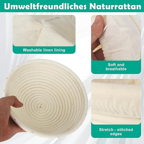 10-teilig Gärkorb Brot Set, 23cm Gärkörbchen zum Brotbacken, Sauerteig Starter Set, Einschließlich Teigschaber und Ölpinsel, Brotbackset Brot backen Gärkorb für Anfänger thumbnail 3