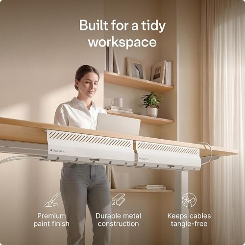 Desktronic Cable Duct Desk White Set of 2 - Stainless Steel Cable Management Desk Cable Duct with 5 Cable Cut-Outs - Easy to Install Cable Organiser - Cable Holder thumbnail 2