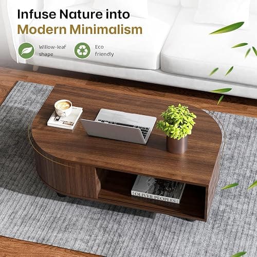 sunmiler Mid-Century Modern 39.4" Coffee Table - Leaf-Shaped Wood Center Table with Storage, Retro Fluted Central Table with Sliding Door & Large Hidden Compartment, for Living Room, Office, Walnut - Walnut thumbnail 3