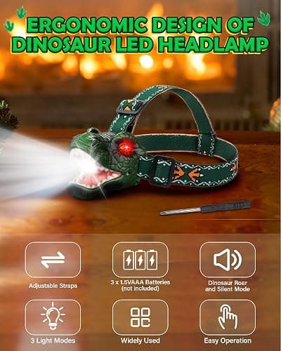 Niovexium LED Dinosaur Headlamp for Kids, Children's Toy Flashlight T-Rex Dinosaur Toys for Age 3 4 5 6 7 8 9 Years Old Kids, Camping Hiking Gear for Boys Girls thumbnail 6