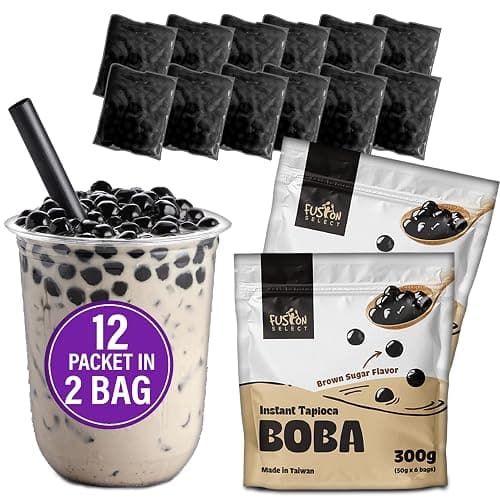 Fusion Select 12 Instant Boba - No-Cook Instant Tapioca Pearls for Bubble Tea Drinks, Hot or Cold Sweet Milk Beverage - Microwave or Heat With Boiling Water - Real Brown Sugar Flavored Balls - Image 1