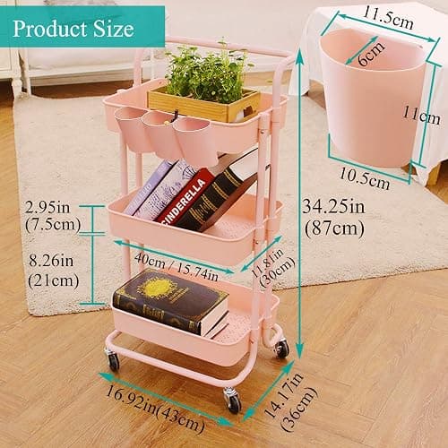 Lontenrea 3-Tier Multifunction Rolling Cart Utility Storage Shelves Cart with Hanging Cup Lockable Wheels and Handle for Office Living Room Kitchen Bathroom (Pink) thumbnail 3