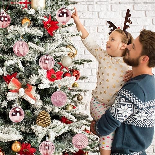 JULMELON 24PCS Pink Christmas Ball Ornaments, 60mm Shatterproof Tree Decor | Plastic, Xmas Tree Decorations, Wedding, Mothers Day Party, Assorted Style Decor, Large 2.4 in thumbnail 7