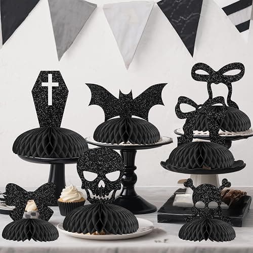 Cheerupp 8 Pcs Gothic Black Bow Glitter Honeycomb Centerpieces Decorations, Black Table Toppers Decor, Skull Skeleton 3D Table Signs for Bachelorette Birthday Party Supplies thumbnail 2