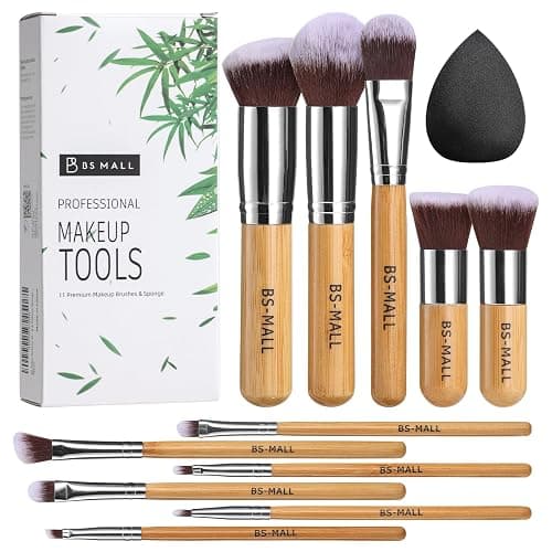 BS-MALL Makeup Brush Set 11Pcs Bamboo Synthetic Kabuki Brush Set Foundation Powder Blending Concealer Eye shadows Blush Cosmetics Brushes with Organizer Bag & Makeup Sponge (style, Count, 12) - Image 1