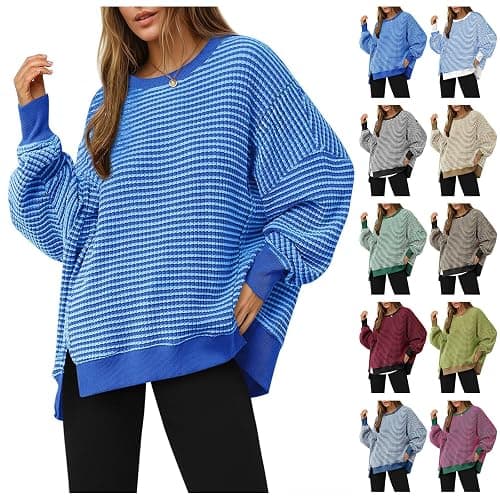 MBDWWLC Oversized Sweatshirt for Women Waffle Knitted Tunic Top Long Sleeve Crewneck Split Lightweight Fall Pullover Sweater thumbnail 4